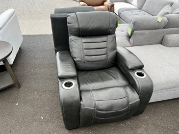 Manwah Charcoal Leather Power Recliner with Cupholders, Arm Storage & Adjustable Headrest (blemished)
