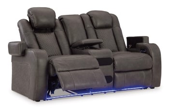 Ashley Flint Shadow Faux Leather Dual Power Reclining Console Loveseat with USB, Storage & LEDs