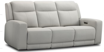Simon Li Light Silver Leather Dual Power Reclining Sofa with Zero Gravity & Contoured Arms