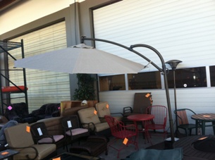 Mocha Outdoor Umbrella with LEDs, Adjustable Arm & Base