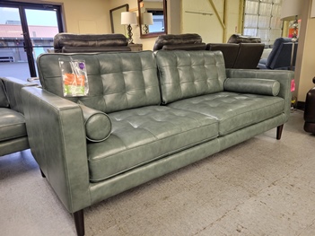 Simon Li Harstine Green Leather Sofa with Tufted Accents
