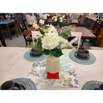 Hydrangea, Fern & Eucaluptus Foliage Arrangement in Ivory Vase