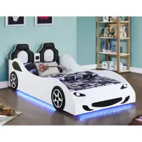 Coaster White Cruiser Race Car Twin Bed with LED Underglow