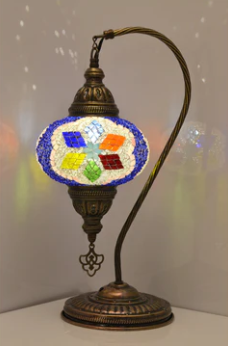 Import Corner Turkish Antique Bronze Table Lamp with Hanging Mosaic Glass Shade & Touch Sensor