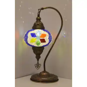 Import Corner Turkish Antique Bronze Table Lamp with 7-Inch Hanging Mosaic Glass Shade & Touch Sensor