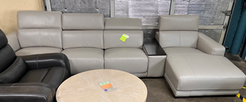Silvery Grey Leather 5-Piece Dual Power Reclining Sectional with Right-Hand Chaise