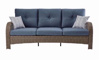 Walnut PVC Wicker Outdoor Sofa with Navy Blue Cushions