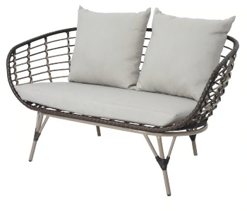 Contoured Brown PVC Wicker Outdoor Loveseat with Beige Cushions