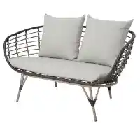 Contoured Brown PVC Wicker Outdoor Loveseat with Beige Cushions