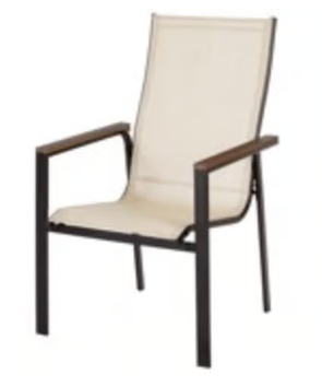 Outdoor Beige Mesh Sling Chair with Wood Arm Accents