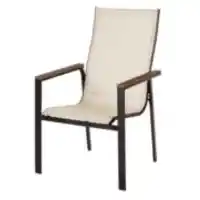 Outdoor Beige Mesh Sling Chair with Wood Arm Accents