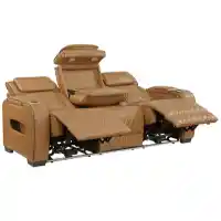 Homelegance Fairway Light Cognac Faux Leather Dual Power Reclining Sofa with Storage Arms, USB & LEDs