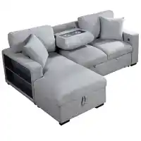 Homelegance Pompano Grey Boucle Sofa with Left-Hand Chaise, Drop-Down Console, Storage & Pop-Up Sleeper