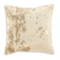 White & Beige Faux Fur Throw Pillow with Gold Accents