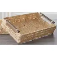 Large Woven Palm Leaf Tray with Wood Handles