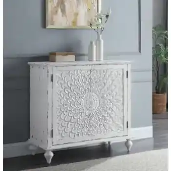 Acme Distressed White Boho Console Cabinet