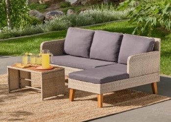 White & Charcoal PVC Wicker L-Shape Outdoor Sectional with Wood Top Table