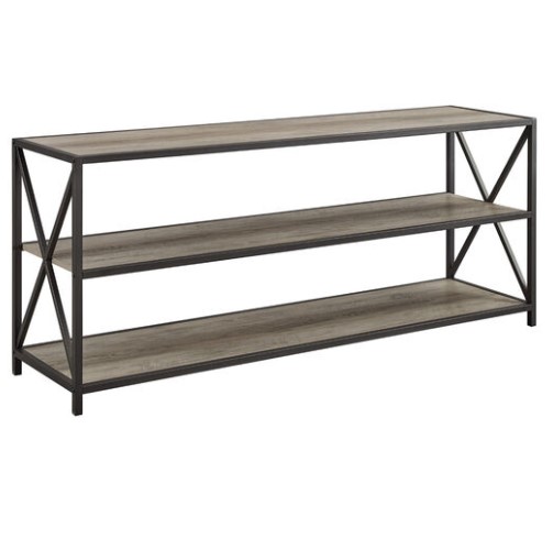 Stanley Ranger Farmhouse Grey Wash Wood & Metal Wide Bookcase with X Accents