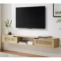 Stanley Ranger Coastal Oak Finish 70-Inch Floating TV Stand with Rattan Accents