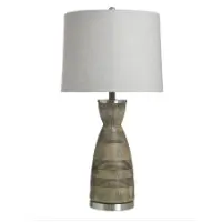 StyleCraft Two-Tone Brown Table Lamp with Striped Accents & Round Linen Shade