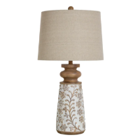 Stylecraft Wood Floral Table Lamp with Round White Shade