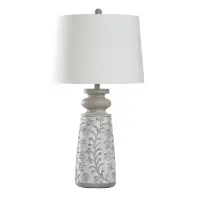 Stylecraft Grey Wood Floral Table Lamp with Round White Shade