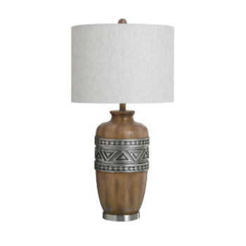Stylecraft Patterned Brushed Steel & Wood-Look Table Lamp with Round Shade
