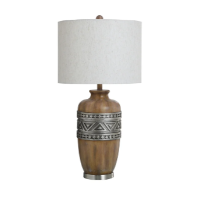 Stylecraft Patterned Brushed Steel & Wood-Look Table Lamp with Round Shade