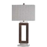 Stylecraft Patterned Brushed Steel & Wood-Look Table Lamp with Silver Rectangular Shade