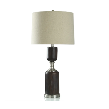 Stylecraft Mahogany Finish Contoured Table Lamp with Brushed Steel Accents & Round Beige Shade