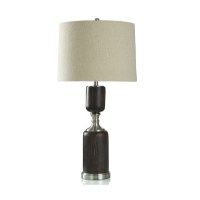 Stylecraft Mahogany Finish Contoured Table Lamp with Brushed Steel Accents & Round Beige Shade