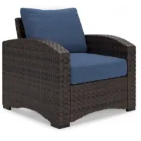 Ashley Outdoor Dark Brown PVC Wicker Chair with Dark Blue Nuvella Cushions
