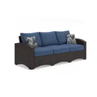 Ashley Outdoor Dark Brown PVC Wicker Sofa with Dark Blue Nuvella Cushions