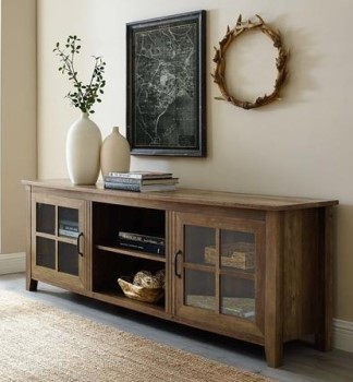 Stanley Ranger Rustic Oak Finish 70-Inch TV Stand with Paned Glass Doors & Open Shelves