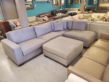 Thomasville Artesia Silver Fabric Sectional with Right-Hand Chaise, Nailhead Trim & Matching Ottoman (blemish)