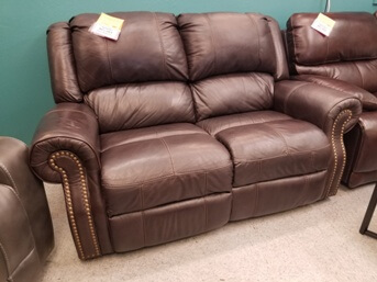 Ashley Dark Brown Leather Reclining Loveseat with Rolled Arms & Nailhead Trim