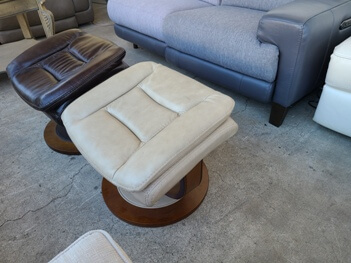 Beige Leather Ottoman with Wood Base