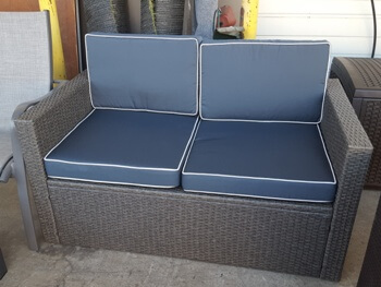 Dark Brown PVC Resin Wicker Loveseat with Dark Blue Cushions