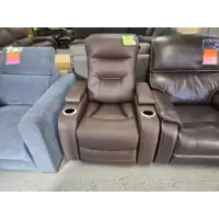 Manwah Dark Brown Leather Power Recliner with Cupholders, Arm Storage & Adjustable Headrest