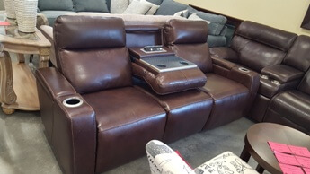 Manwah Dark Brown Leather Power Reclining Sofa with Adjustable Headrests & Drop-Down Console