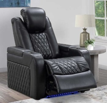 Abbyson Calton Black Leather Power Recliner with Power Adjustable Headrest, LED Lighting, Cupholders & USB