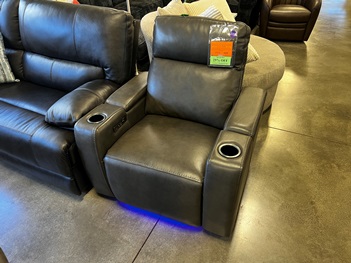 Manwah Charcoal Leather Power Recliner with Cupholders, Arm Storage & Adjustable Headrest