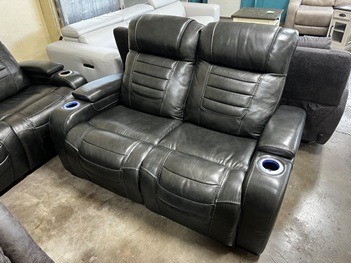 Manwah Charcoal Leather Power Reclining Loveseat with Cupholders, Arm Storage & Adjustable Headrests