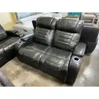Manwah Charcoal Leather Power Reclining Loveseat with Cupholders, Arm Storage & Adjustable Headrests