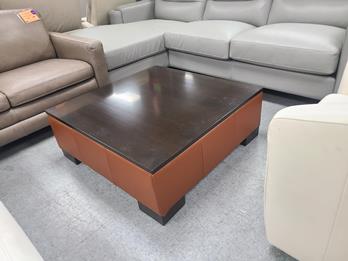 Cognac Leather Coffee Table with Cappuccino Finish Hardwood Top