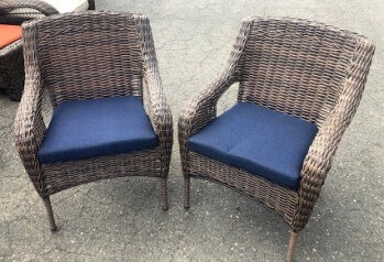 Light Brown PVC Wicker Arm Chair with Blue Seat Cushion