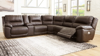 Ashley Dunkirk Chocolate Leather 6-Piece Power Reclining Sectional with Power Headrest & USB