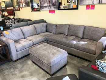 Thomasville Kylie Light Silver Fabric Sectional with Tufted Seat Accents & Matching Storage Ottoman 