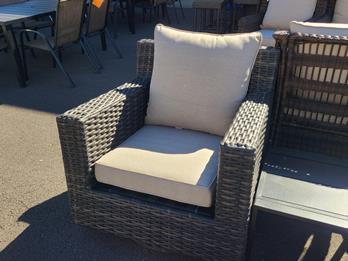 Outdoor Dark Brown PVC Wicker Swivel Chair with Light Beige Cushions & Wide Squared Arms