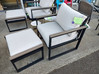 Outdoor Black Metal Lounge Chair & Ottoman with Taupe Cushions